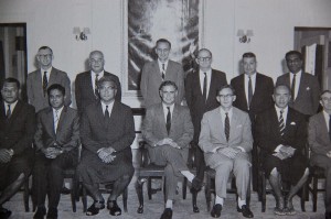 Doug Brown (centre) behind the then Governor, Sir Derek Jakeway, in Ratu Mara's Council of Ministers in 1967