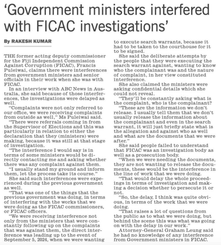 # THE FIJI TIMES DEVOTES THREE PAGES TO THE FICAC SCANDAL. WHICH MUST ...